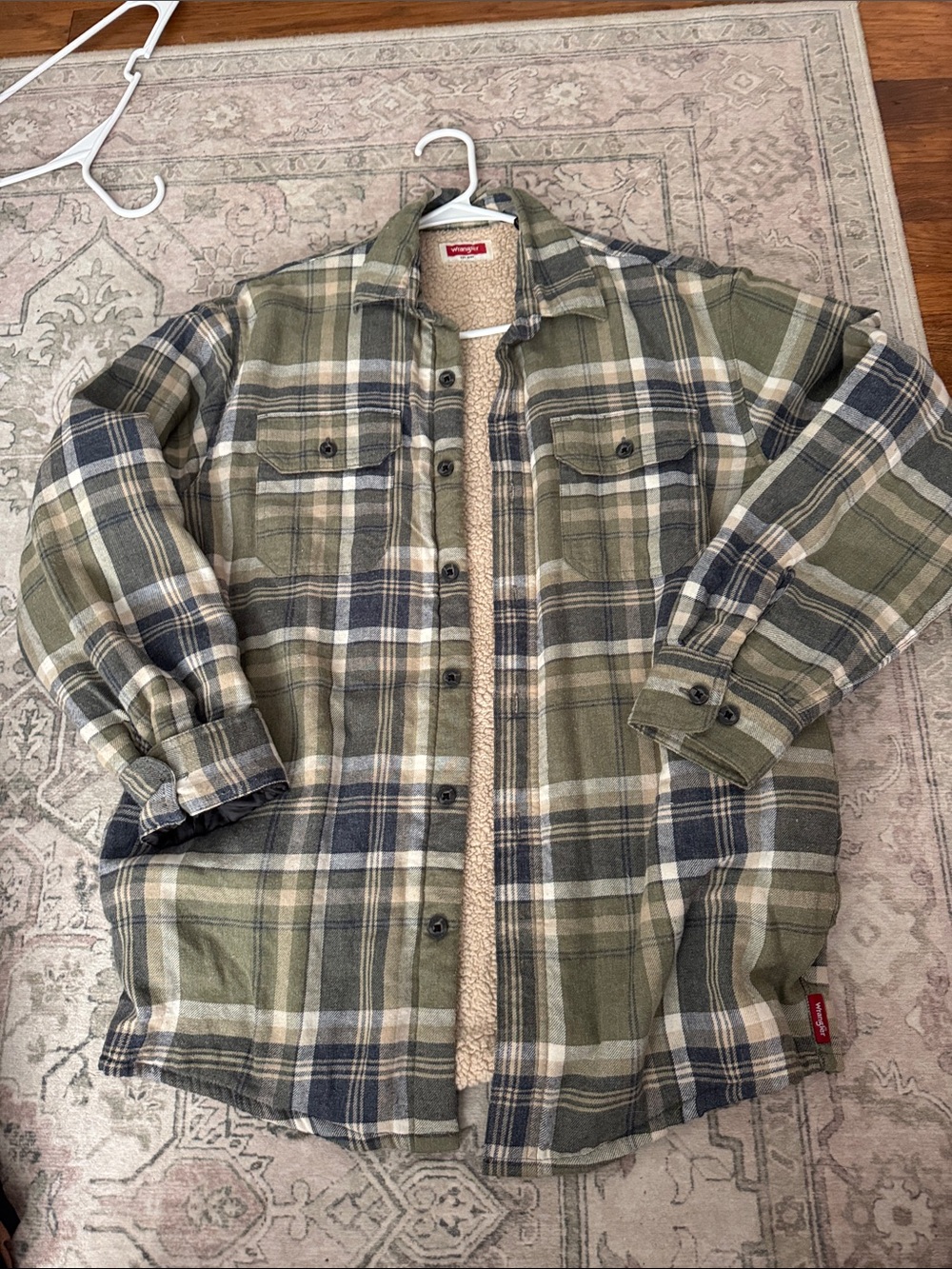 Wrangler Olive and Navy Plaid Sherpa-Lined Shirt Jacket